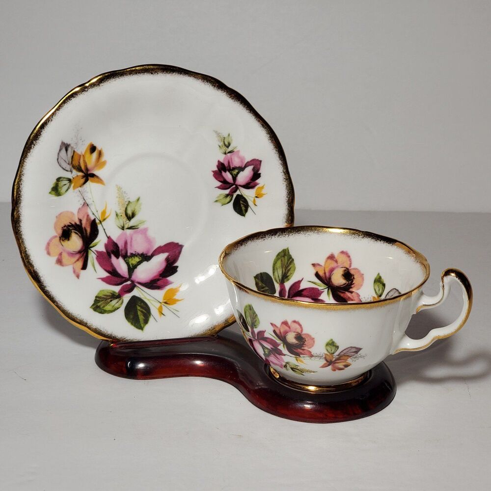 Royal Adderley Teacup and Saucer Pink Yellow Flowers Vintage